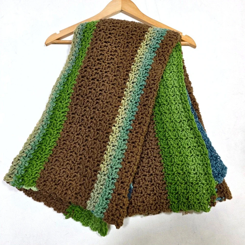 Nursery Crochet Throw Blanket 48x40 Brown Green Striped Handmade Boho Grannycore